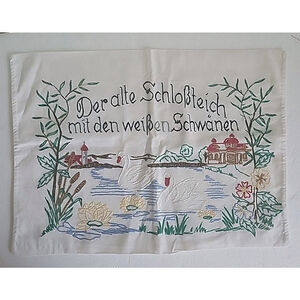 Vtg Hand Embroidery Wall Hanging, German Folk Art with Swans and Castle